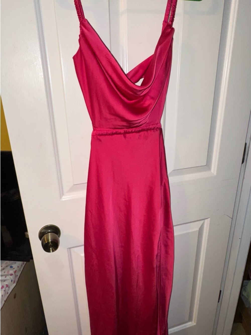 Hello Molly Satin Cowl Midi Dress in Fuchsia Pink